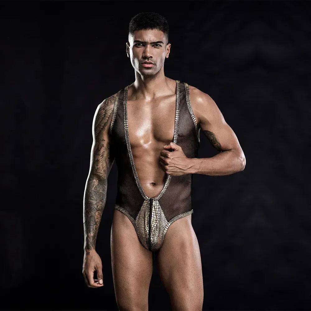 Men's Golden See Through Harness Sleeved Thong-SexBodyShop