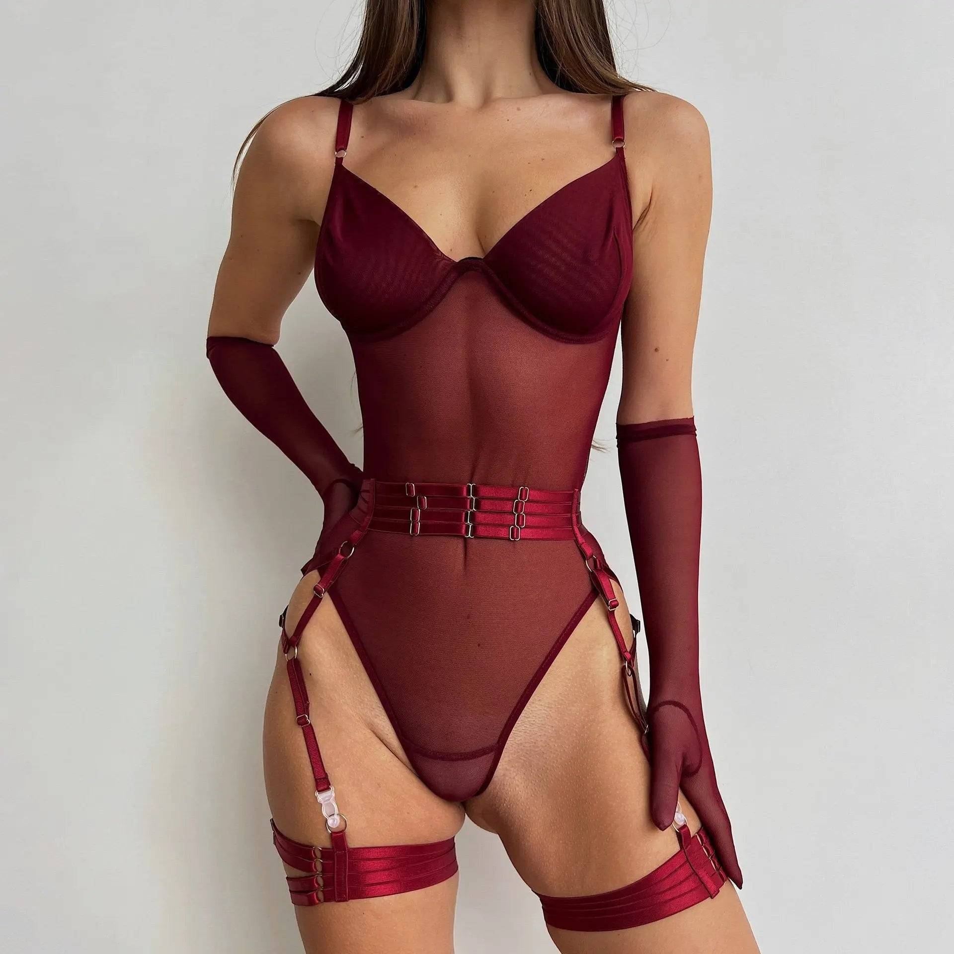 Sexy Red Strappy Teddy&Gloves-SexBodyShop