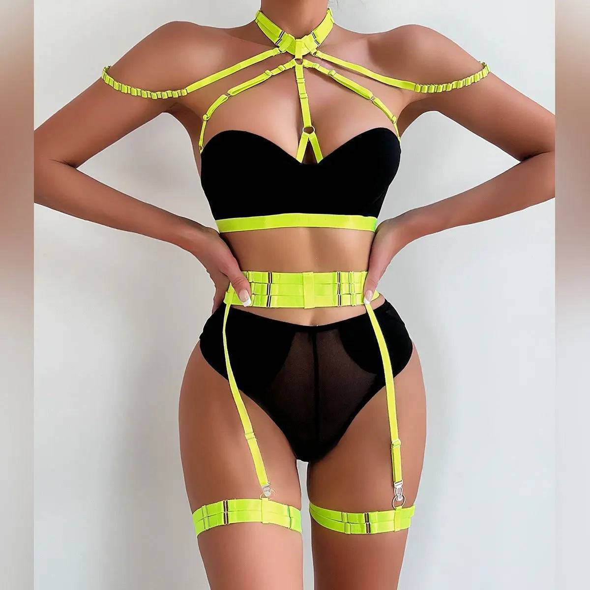 Neon Green Strappy Bra & Garter Set-SexBodyShop