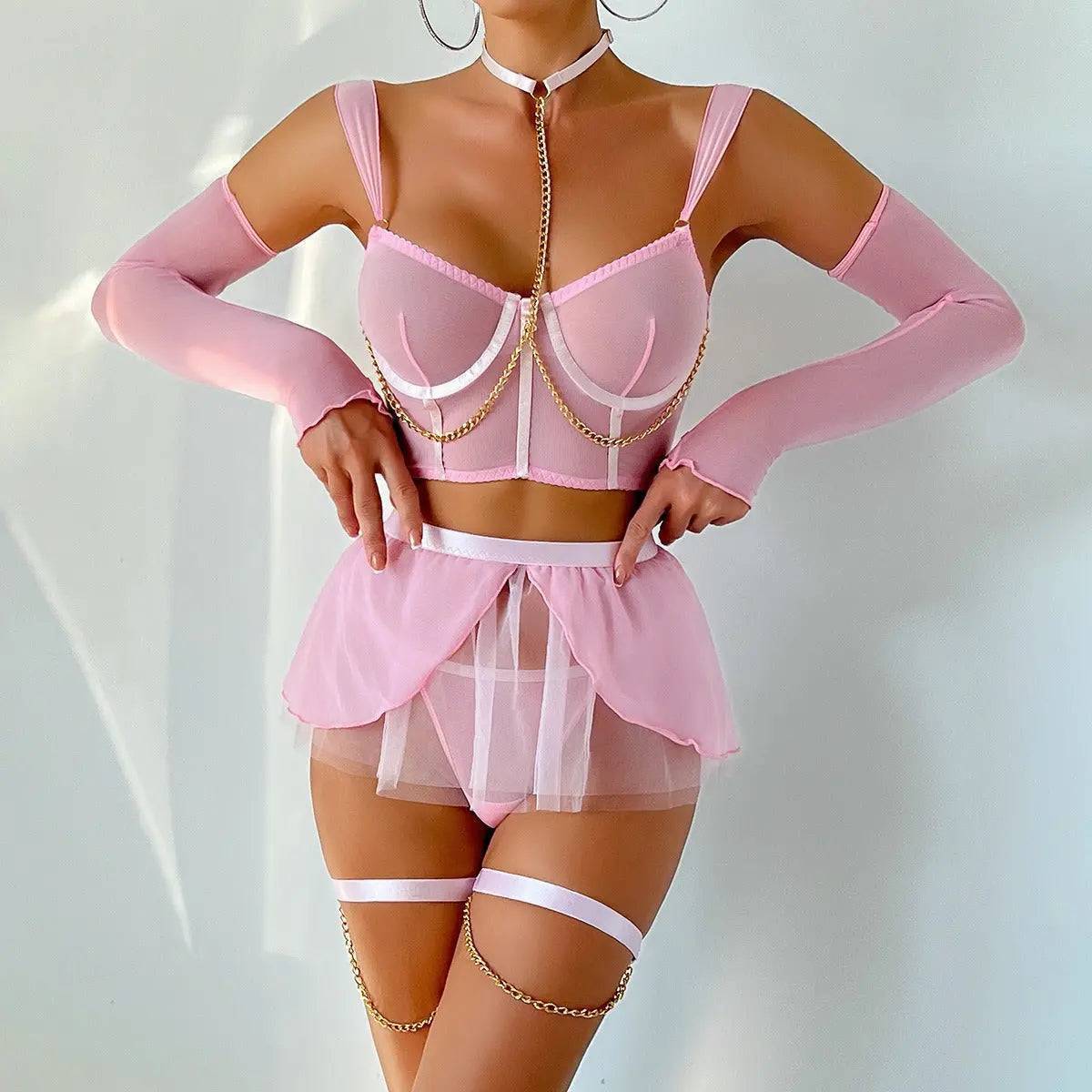 Pink lace lingerie Bra & Garter skirt Set&Gloves-SexBodyShop