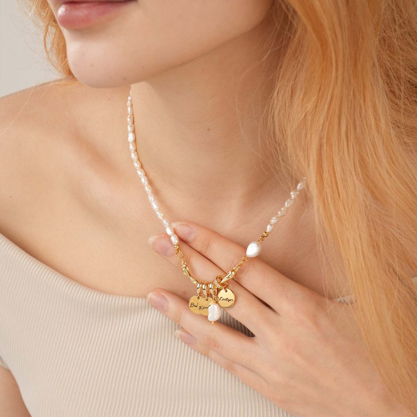 Personalized Family Name Disc Pendant - Natural Freshwater Baroque Pearl Necklace-VibeCloset