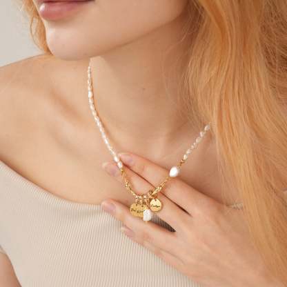 Personalized Family Name Disc Pendant - Natural Freshwater Baroque Pearl Necklace-VibeCloset