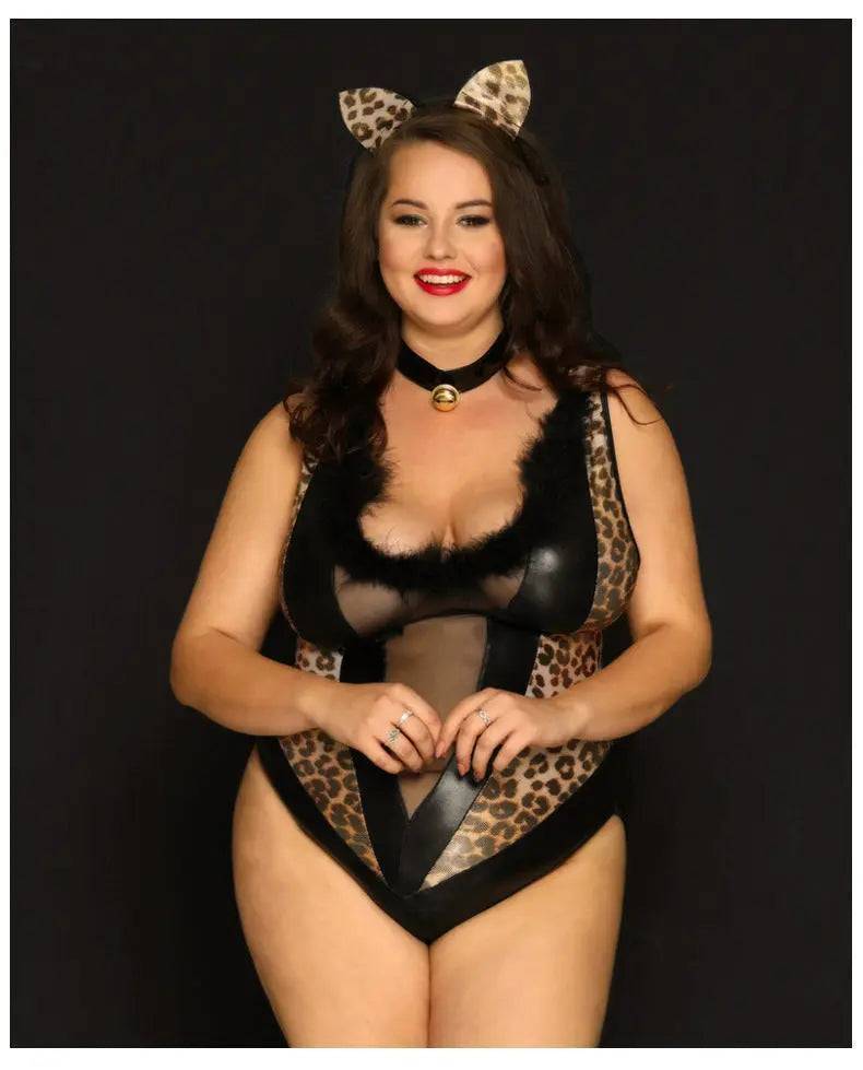 Plus Size Cat Girl Black Leopard Great Uniform Costume-SexBodyShop