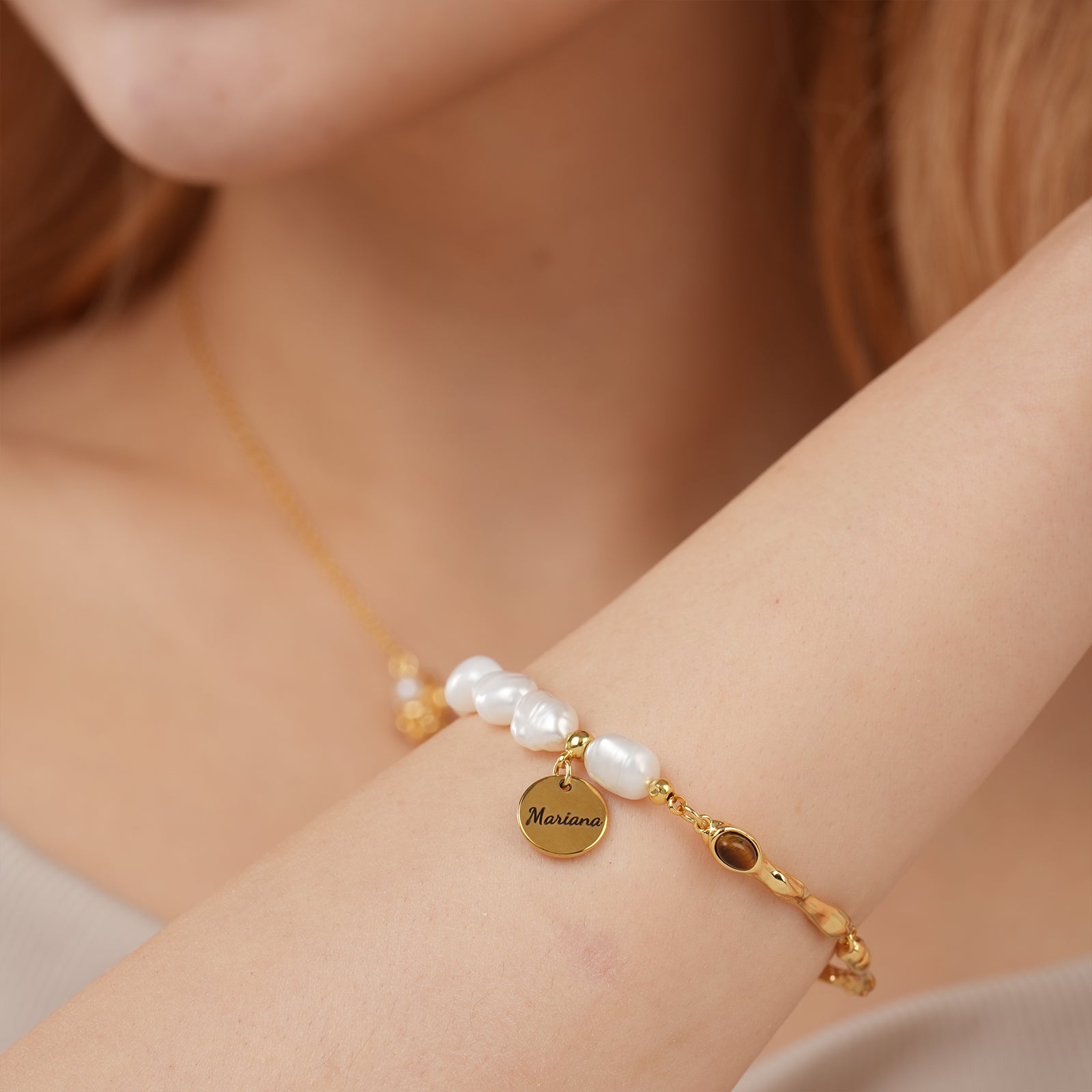 Personalized Name Disc Charm Bracelet - Natural Baroque Pearl Tiger's Eye Bracelet-VibeCloset
