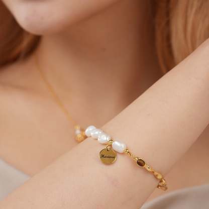 Personalized Name Disc Charm Bracelet - Natural Baroque Pearl Tiger's Eye Bracelet-VibeCloset