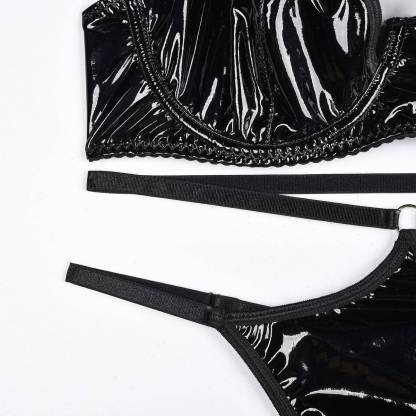 Black Vinyl&Leather Bra&Garted Set(Gloves not included)-SexBodyShop