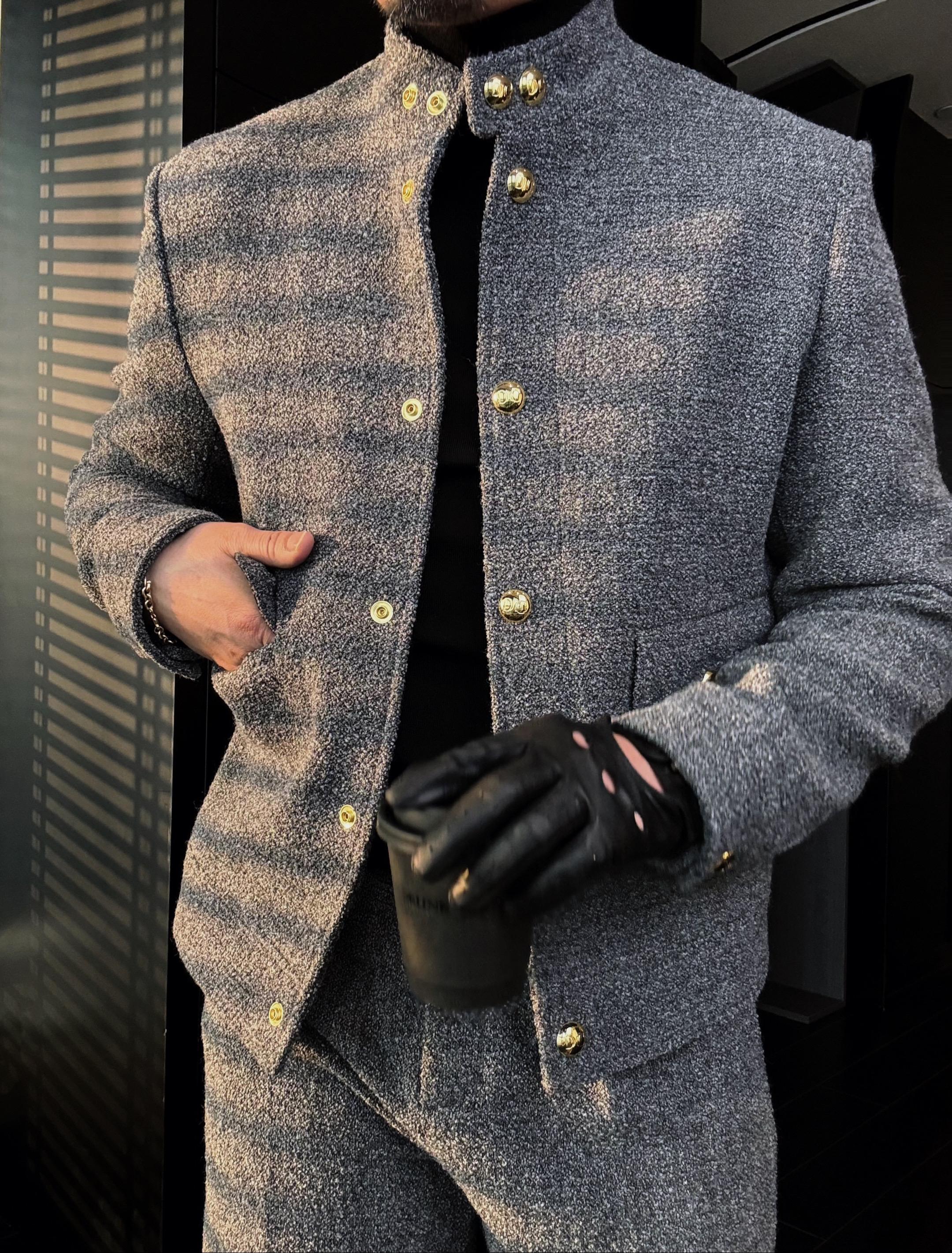 Men's Stand Collar Gold Button Jacket-VibeCloset