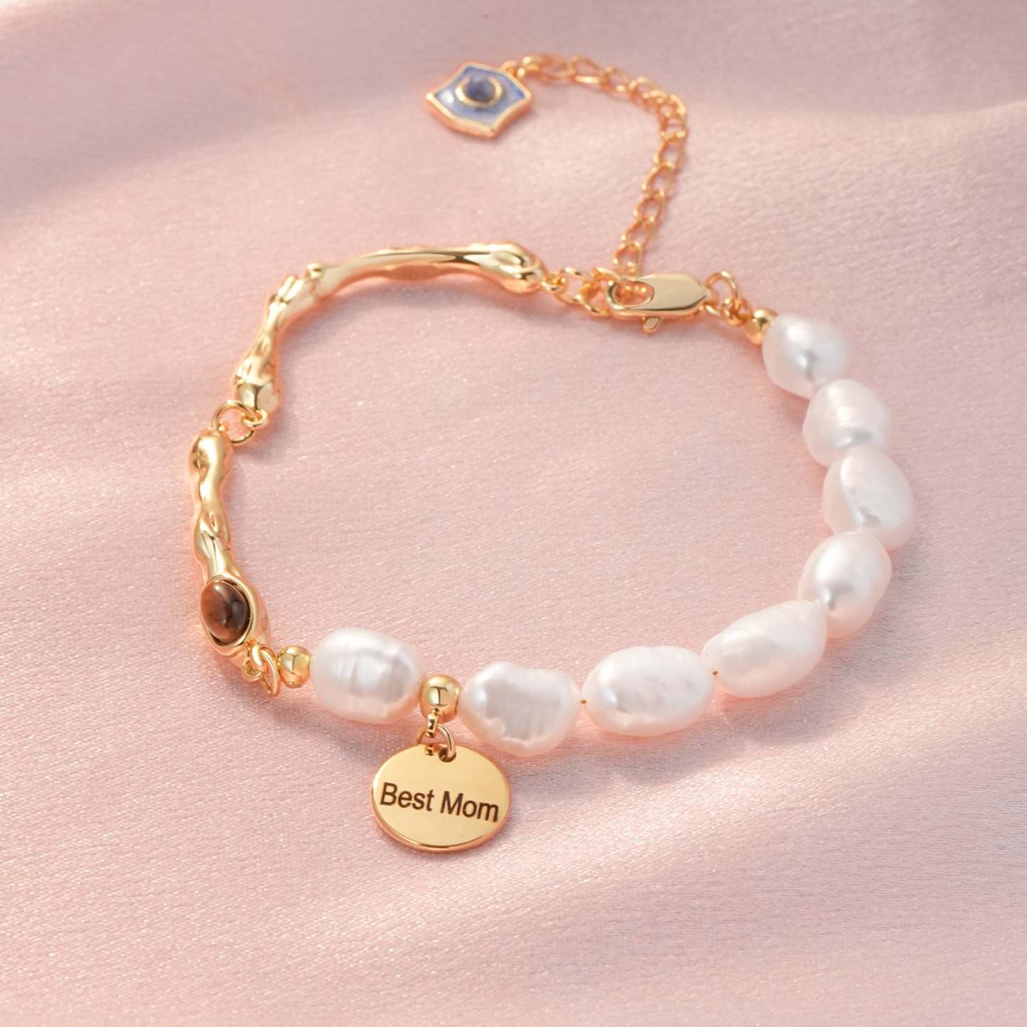Personalized Name Disc Charm Bracelet - Natural Baroque Pearl Tiger's Eye Bracelet-VibeCloset