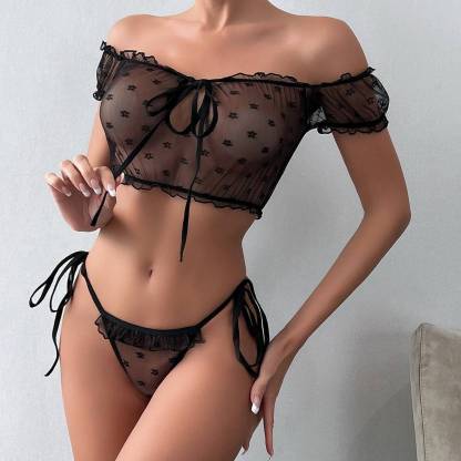 Cute Black Floral See Through Cami&Panty Set-SexBodyShop