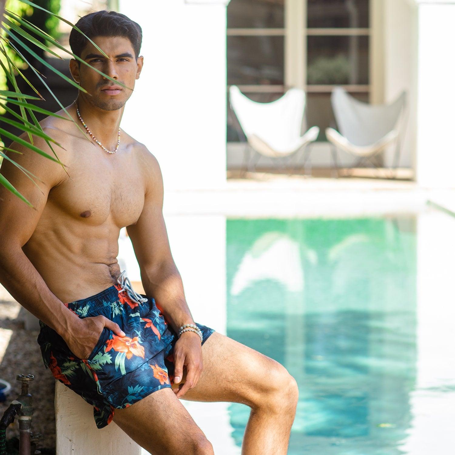 4.5 Inch Inseam Vintage Stretch Red Floral Swim Trunks-VibeCloset
