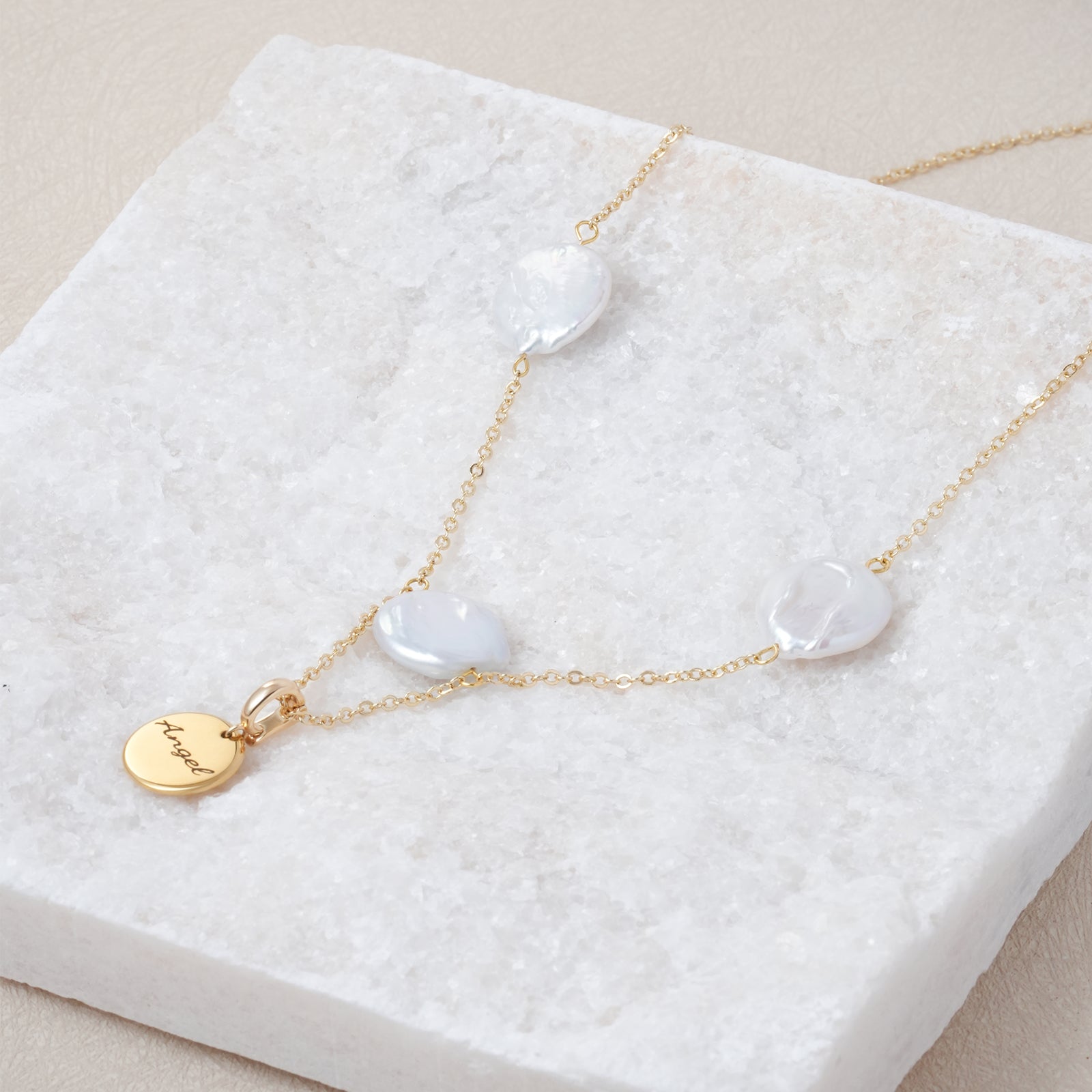 Baroque Pearl Personalized Name Disc Pendant Necklace-VibeCloset