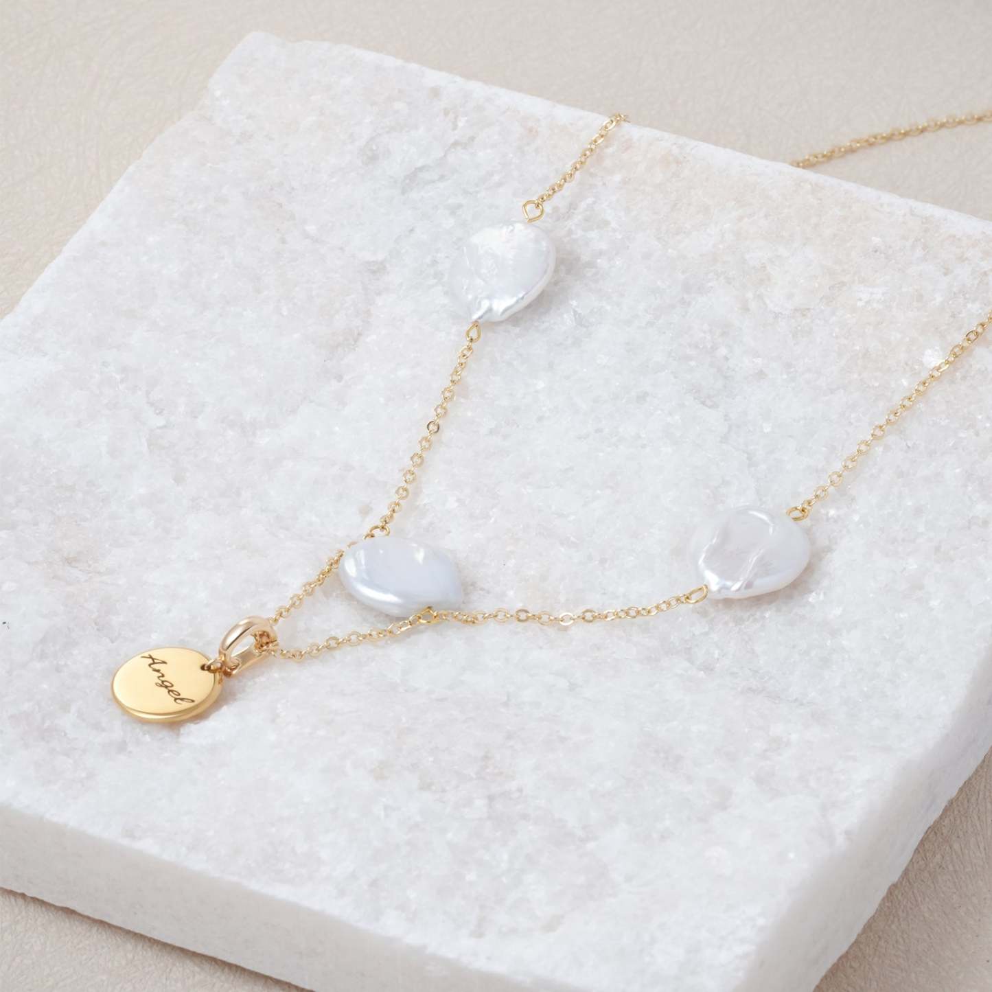 Baroque Pearl Personalized Name Disc Pendant Necklace-VibeCloset