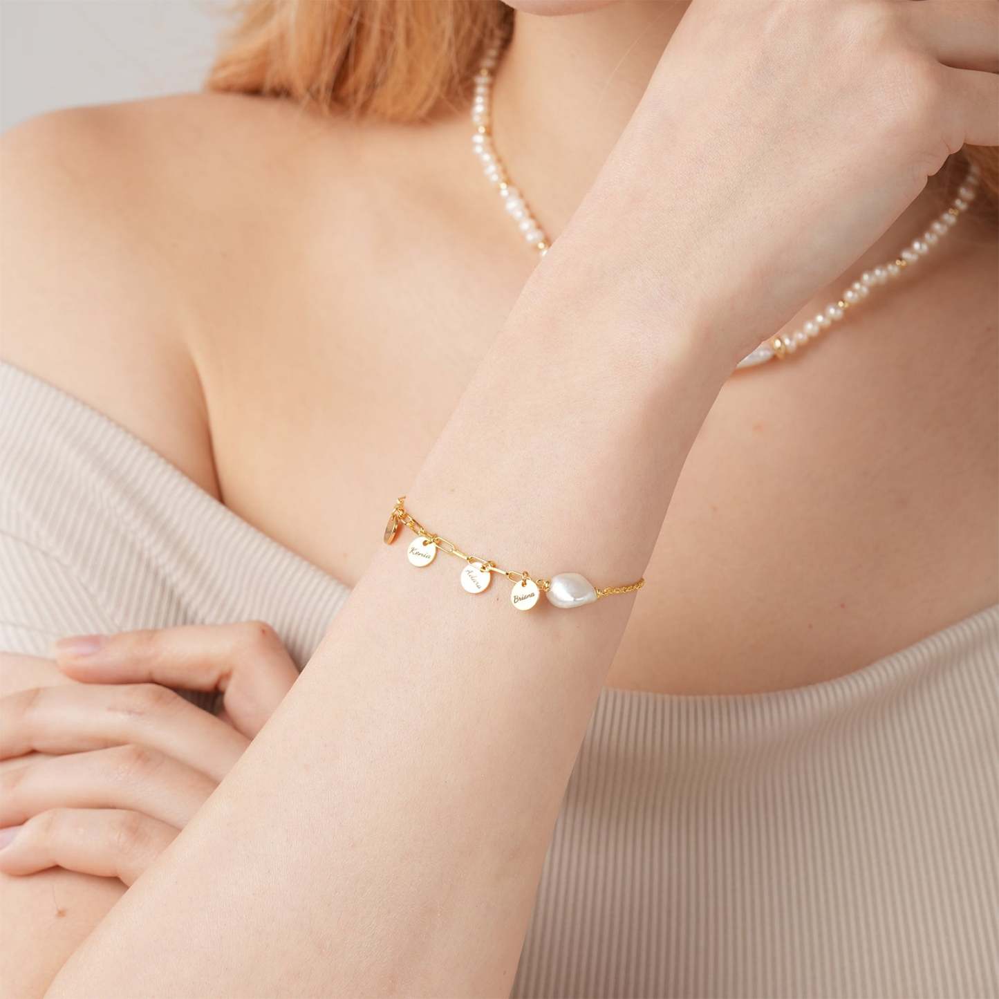 Personalized Names Charm Bracelet - Natural Baroque Pearl Paperclip Bracelet-VibeCloset