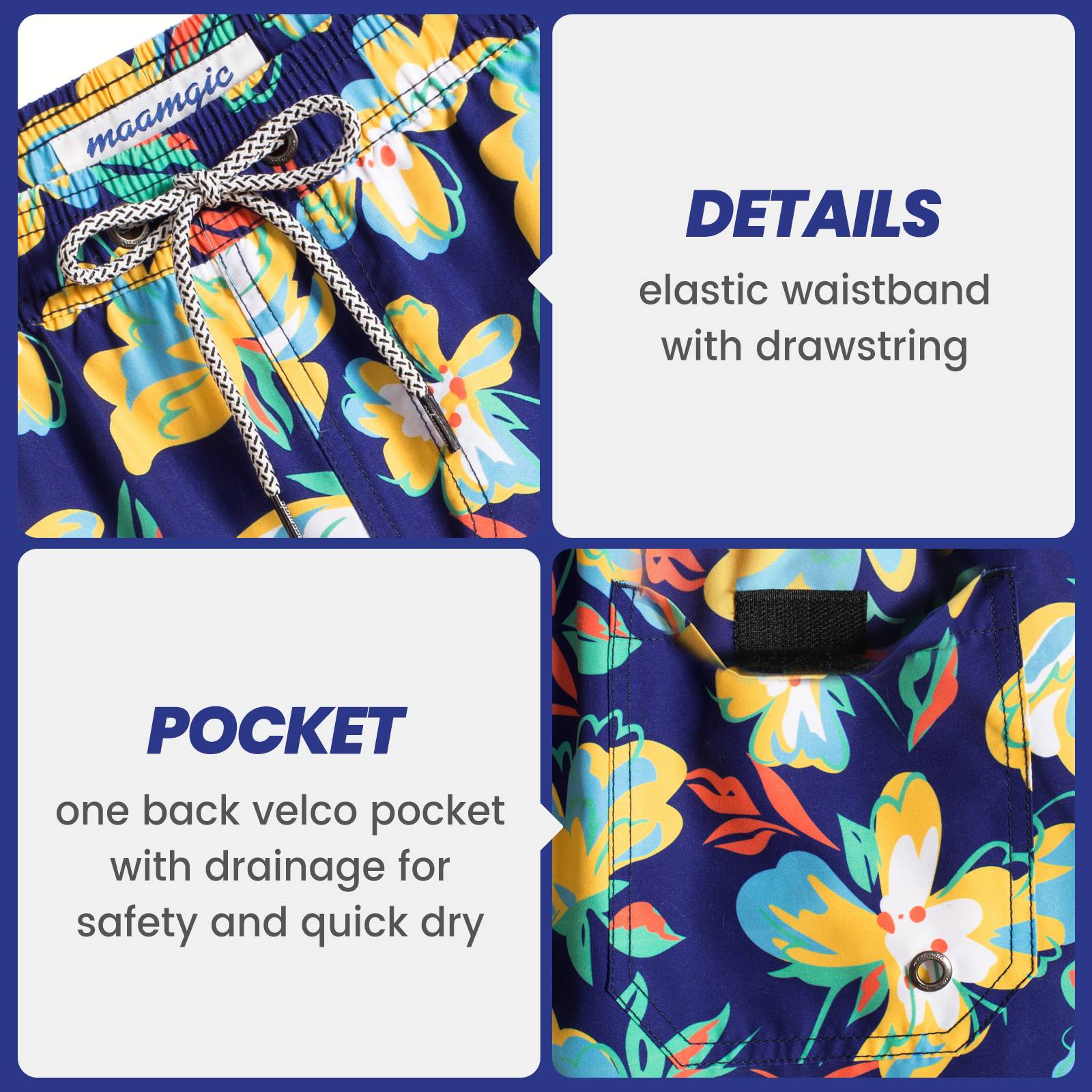 5.5 Inch Inseam Navy Butterfly Flower Swim Trunks-VibeCloset