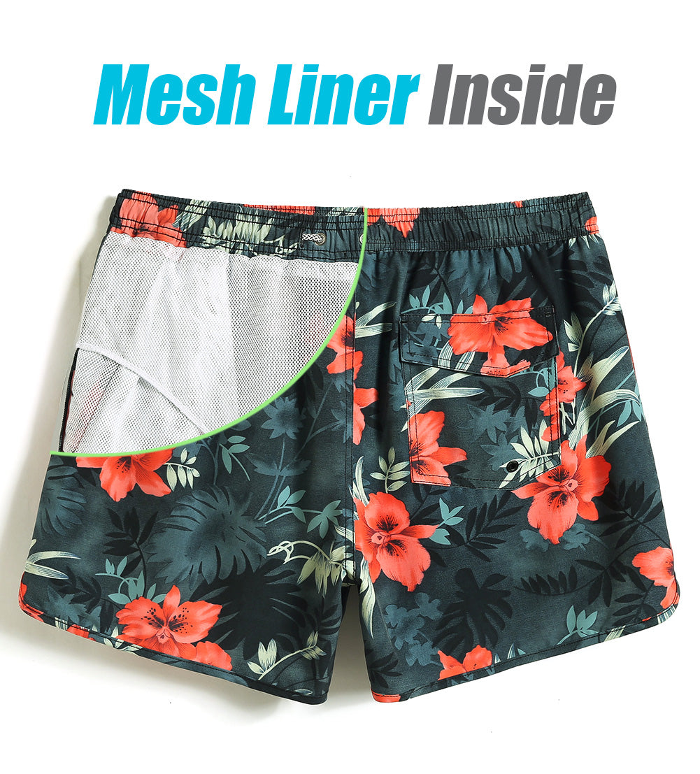 4.5 Inch Inseam Vintage Stretch Red Floral Swim Trunks-VibeCloset
