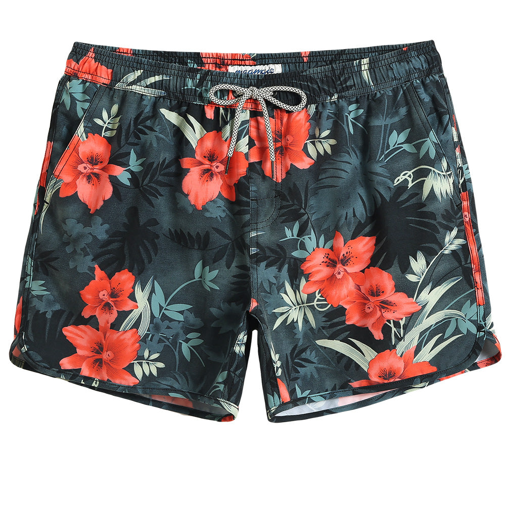 4.5 Inch Inseam Vintage Stretch Red Floral Swim Trunks-VibeCloset