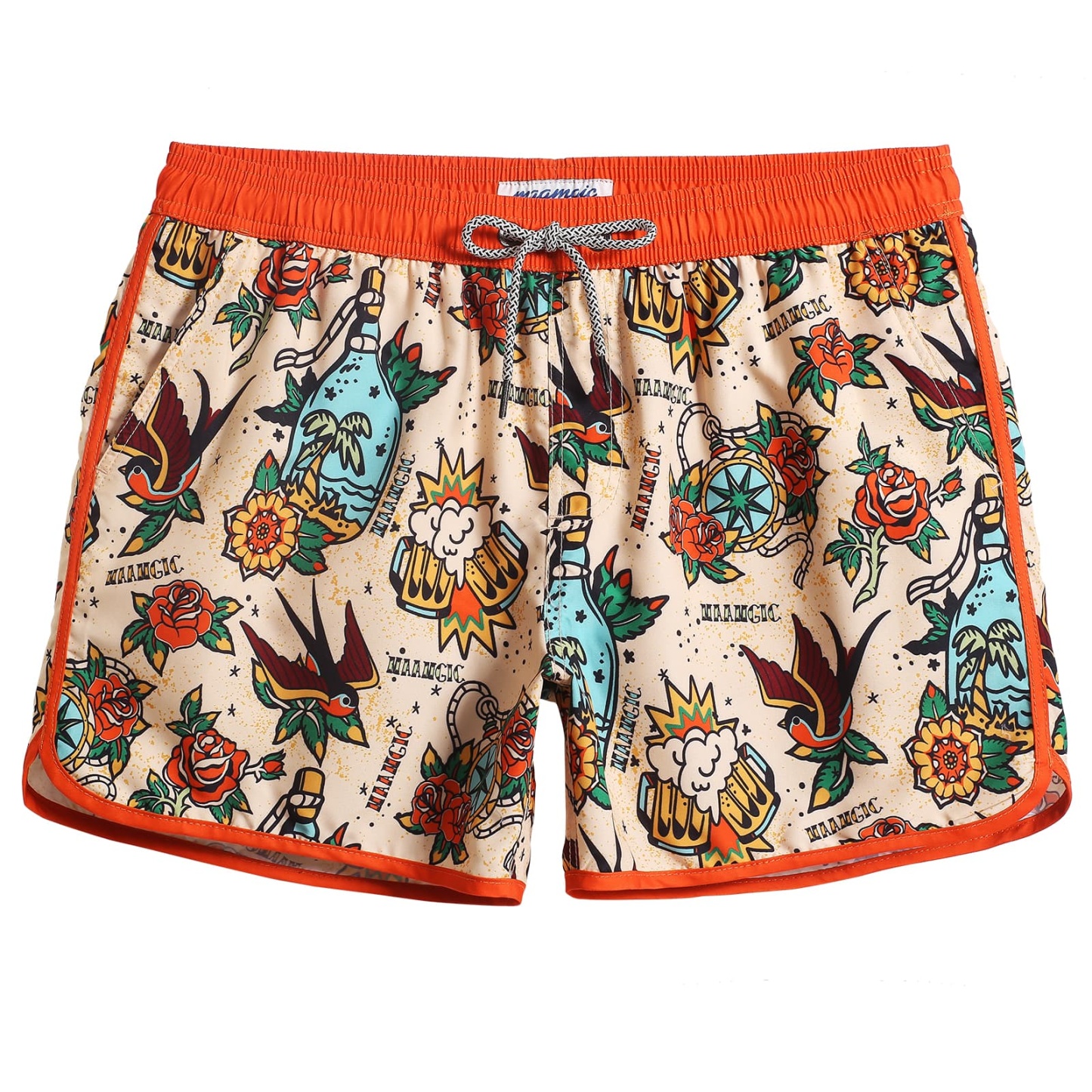 4.5 Inch Inseam Vintage Stretch White Circus Swim Trunks-VibeCloset
