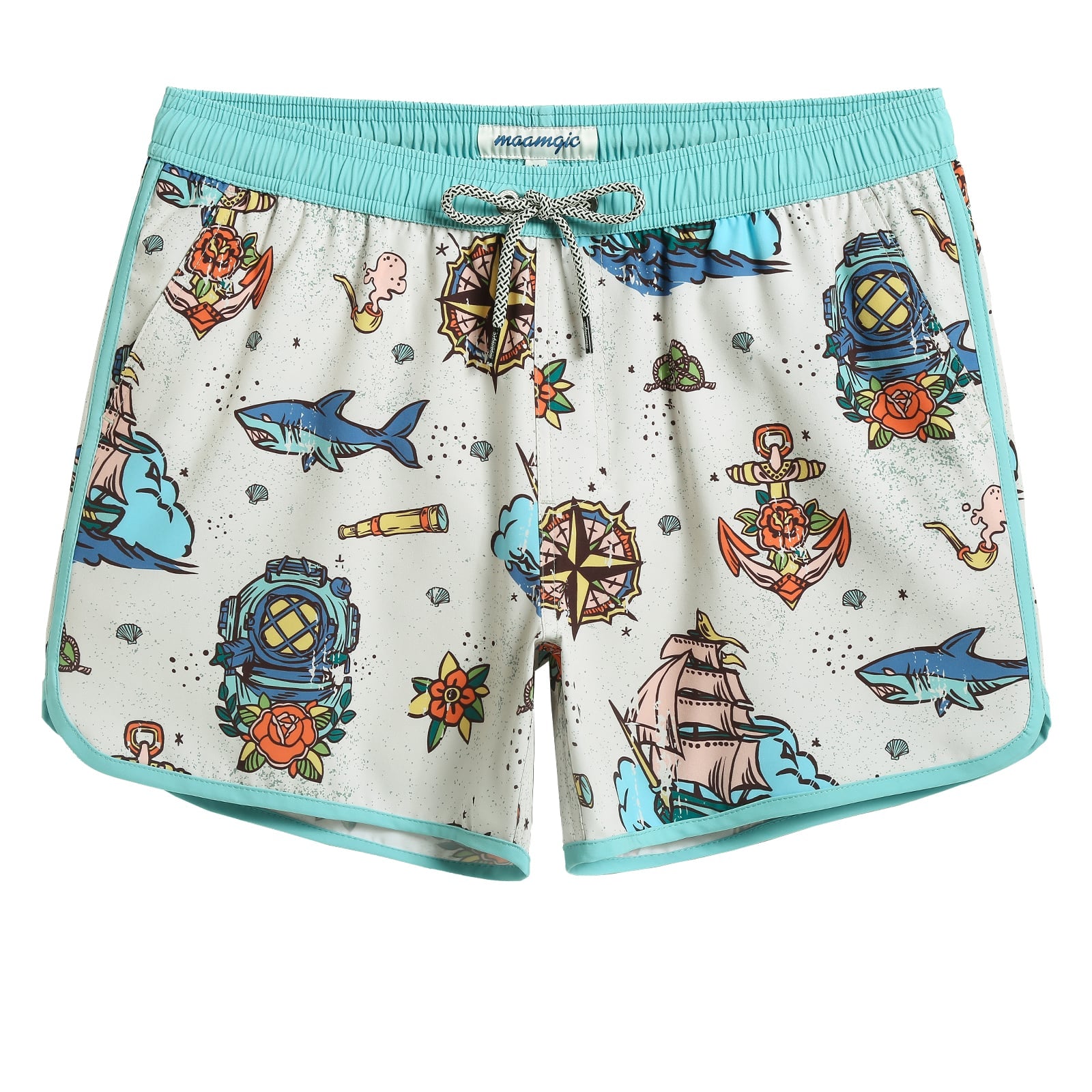 4.5 Inch Inseam Vintage Stretch White Circus Swim Trunks-VibeCloset