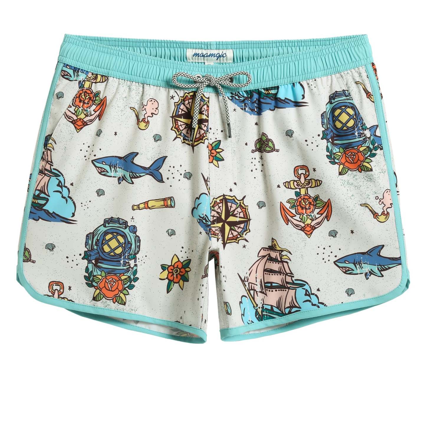 4.5 Inch Inseam Vintage Stretch White Circus Swim Trunks-VibeCloset