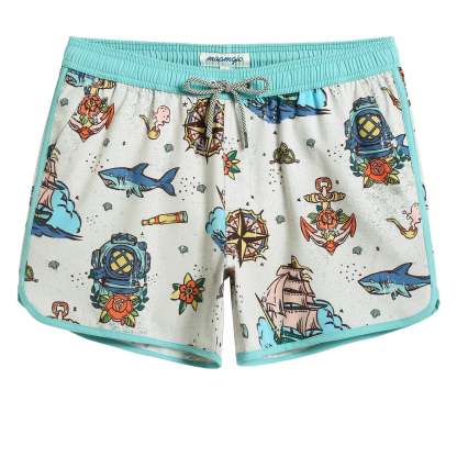 4.5 Inch Inseam Vintage Stretch White Circus Swim Trunks-VibeCloset