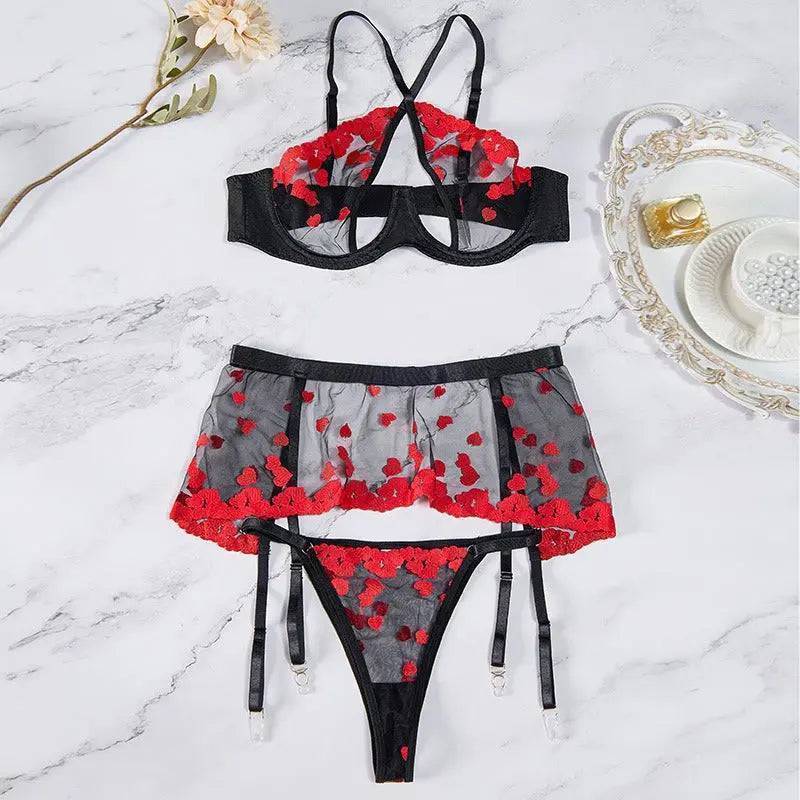 Red&Black love Lace Bra&Garter skirt Set-SexBodyShop
