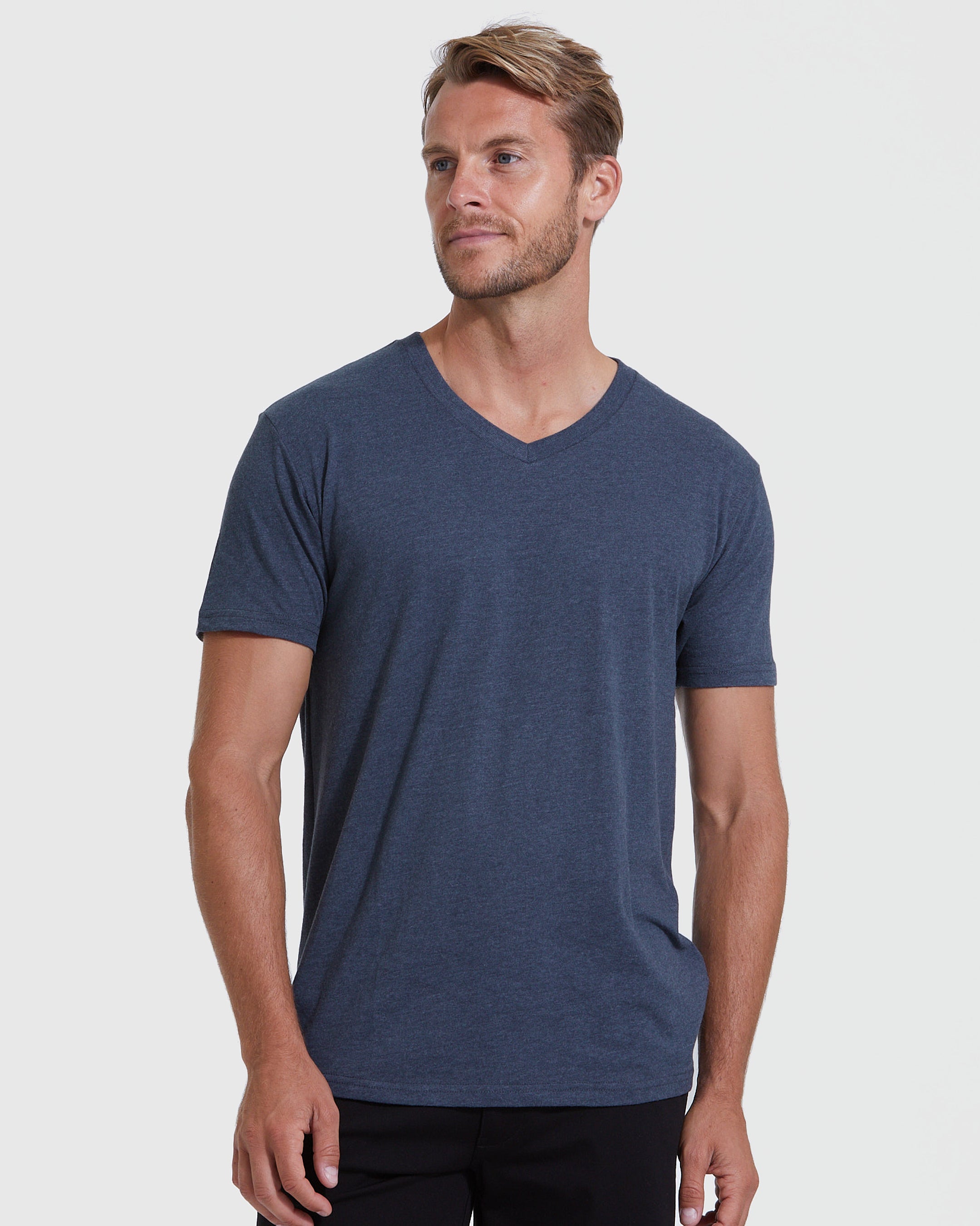 Heather Navy V-Neck Tee-VibeCloset
