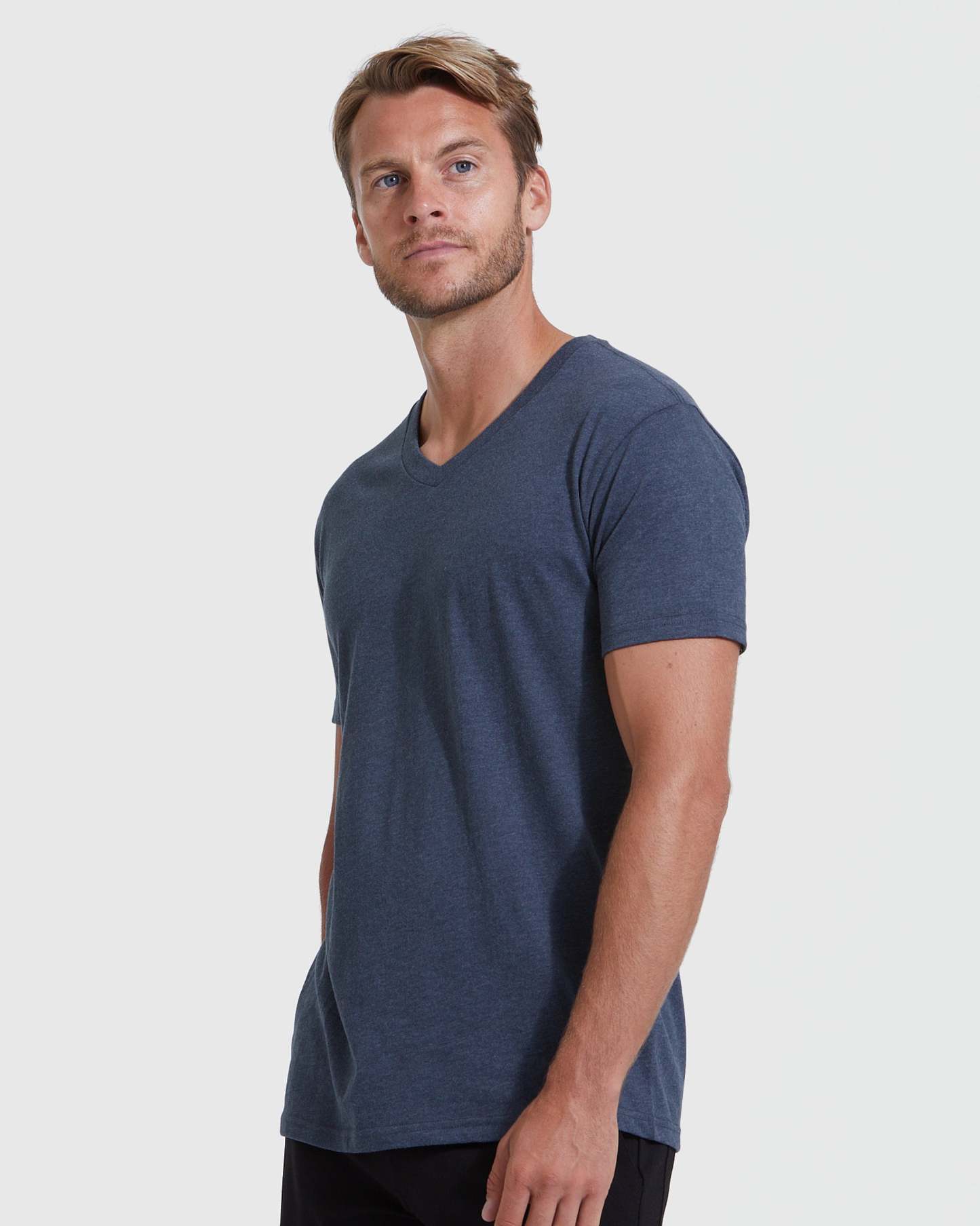 Heather Navy V-Neck Tee-VibeCloset