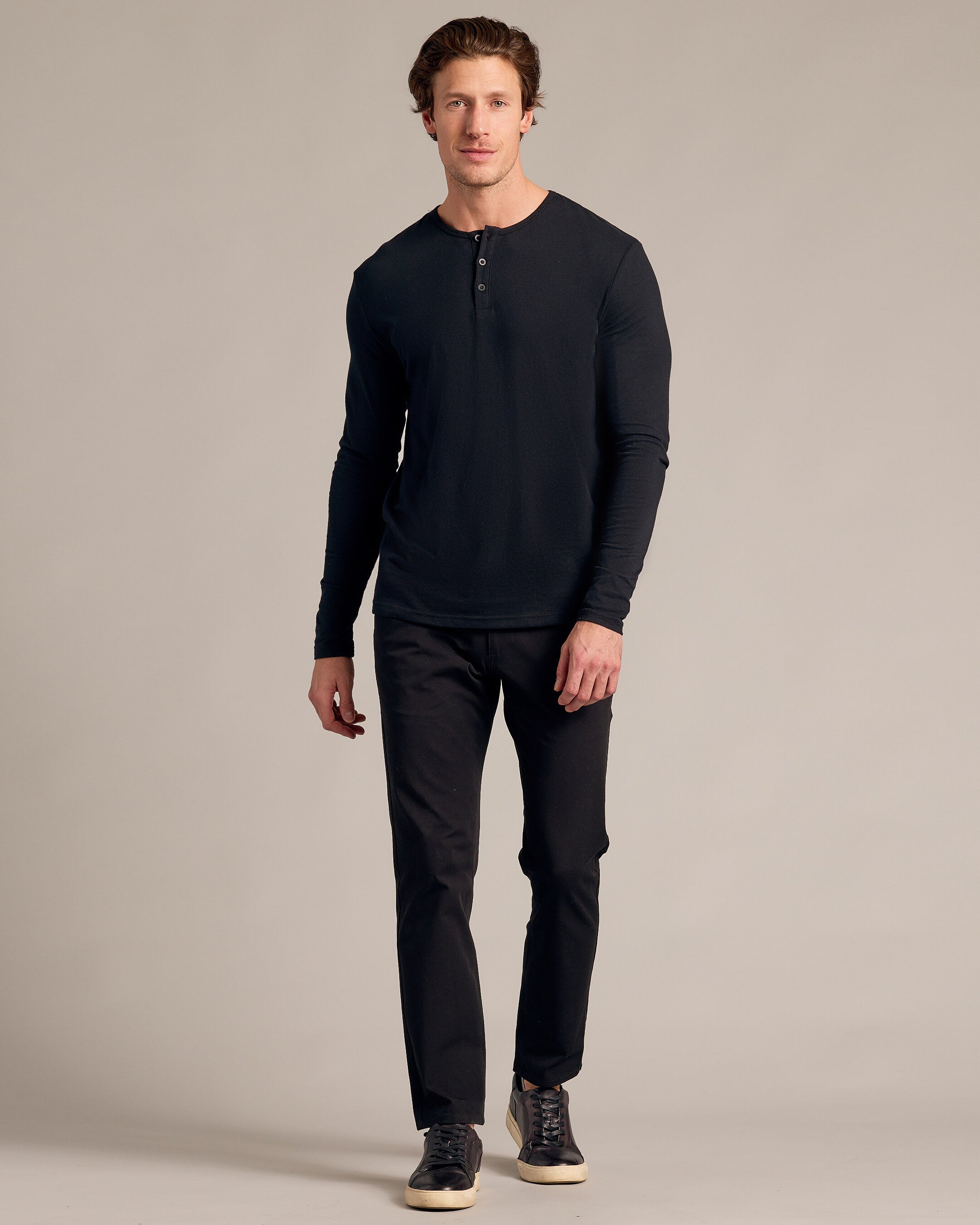 Black Long Sleeve Henley-VibeCloset