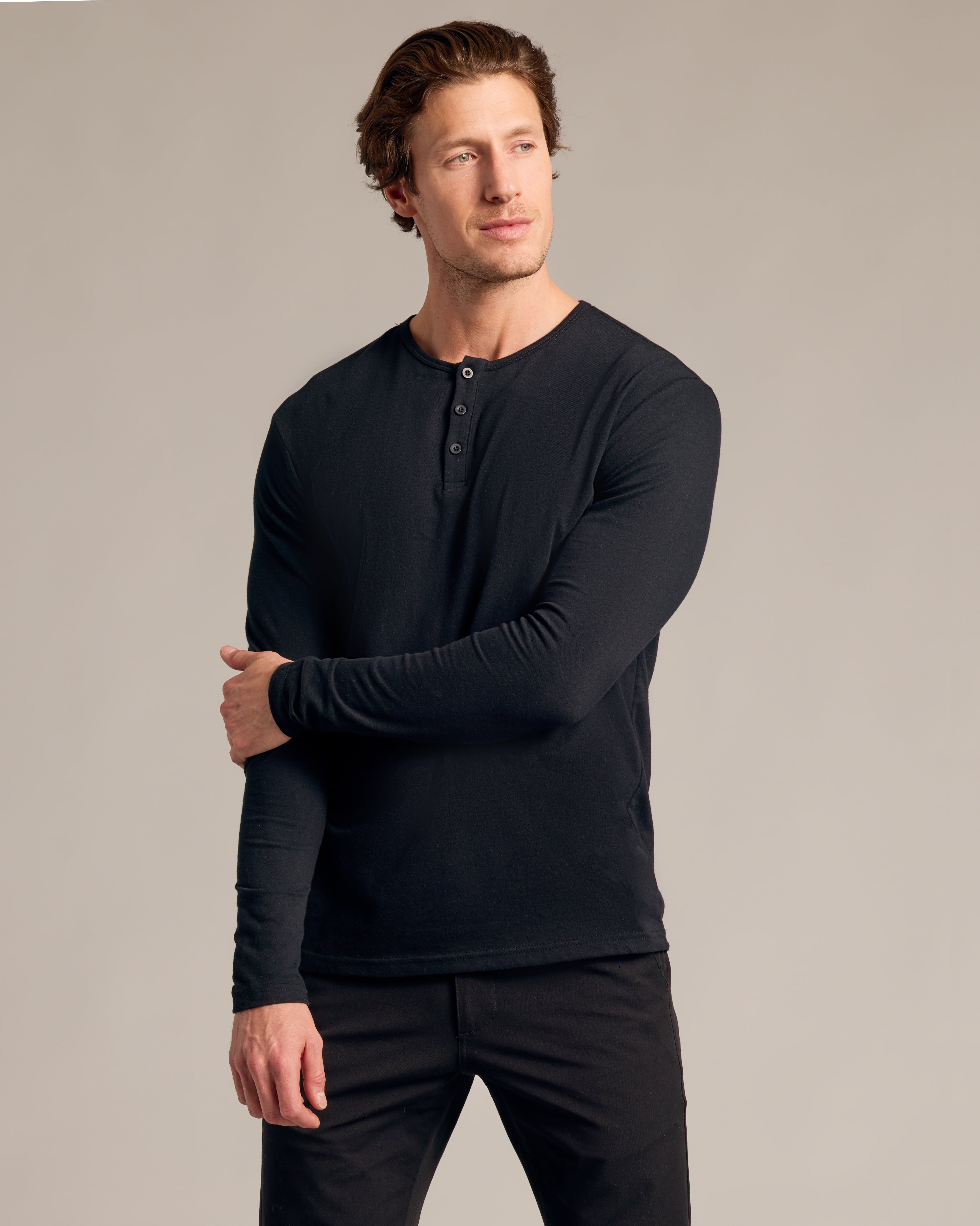 Black Long Sleeve Henley-VibeCloset