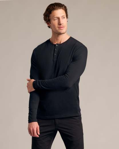 Black Long Sleeve Henley-VibeCloset