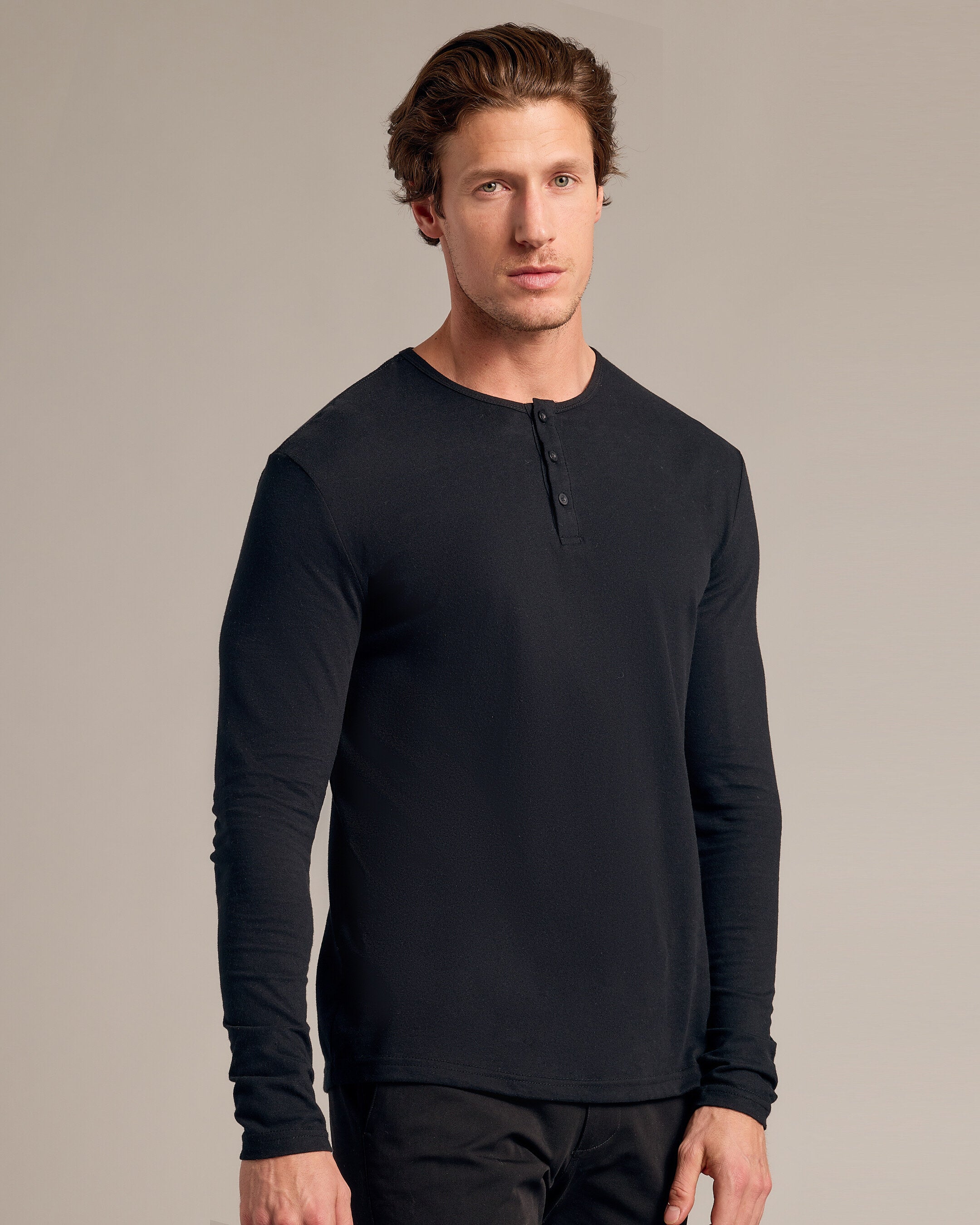 Black Long Sleeve Henley-VibeCloset