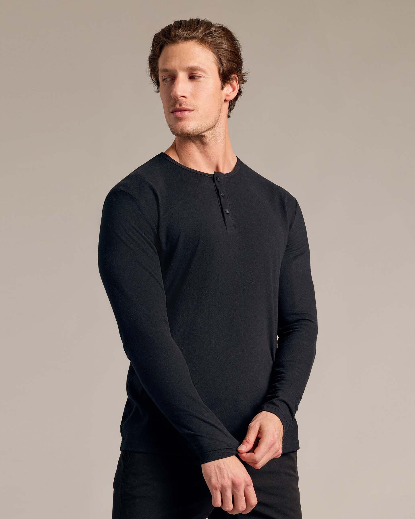 Black Long Sleeve Henley-VibeCloset