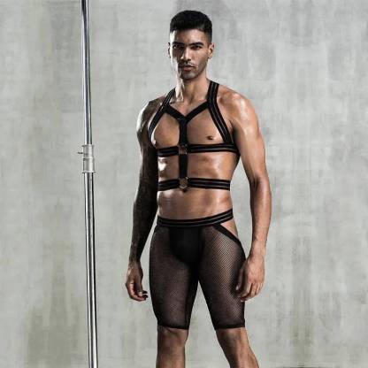 Men's Black Strappy See Through  Harness&Short-SexBodyShop