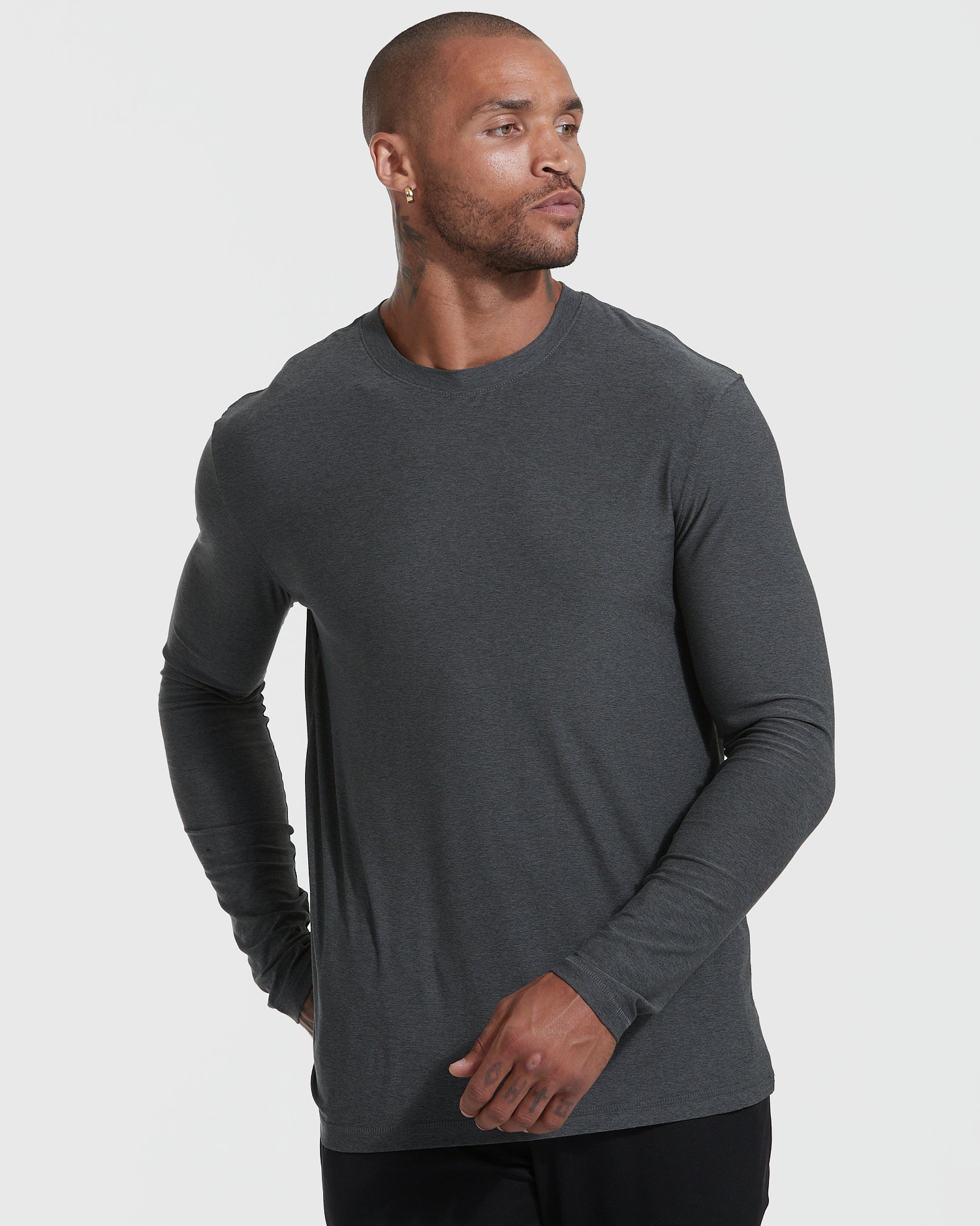 Charcoal Heather Gray Active Long Sleeve Crew T-Shirt-VibeCloset
