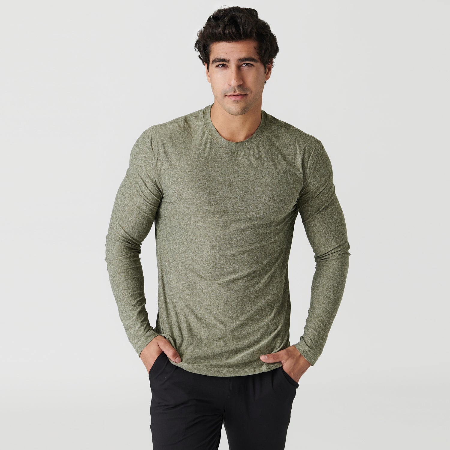 Heather Military Green Active Long Sleeve Crew T-Shirt-VibeCloset