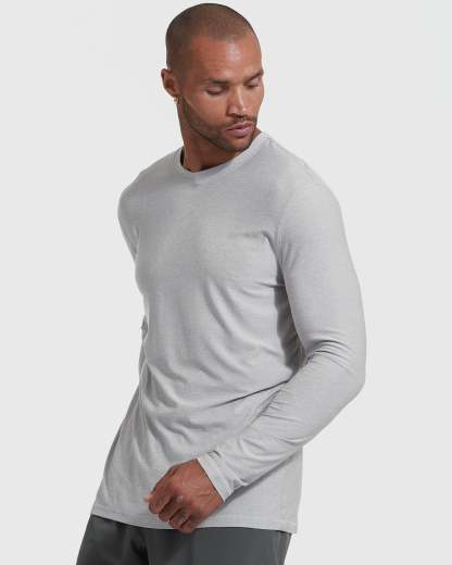 Heather Light Gray Active Long Sleeve Crew T-Shirt-VibeCloset