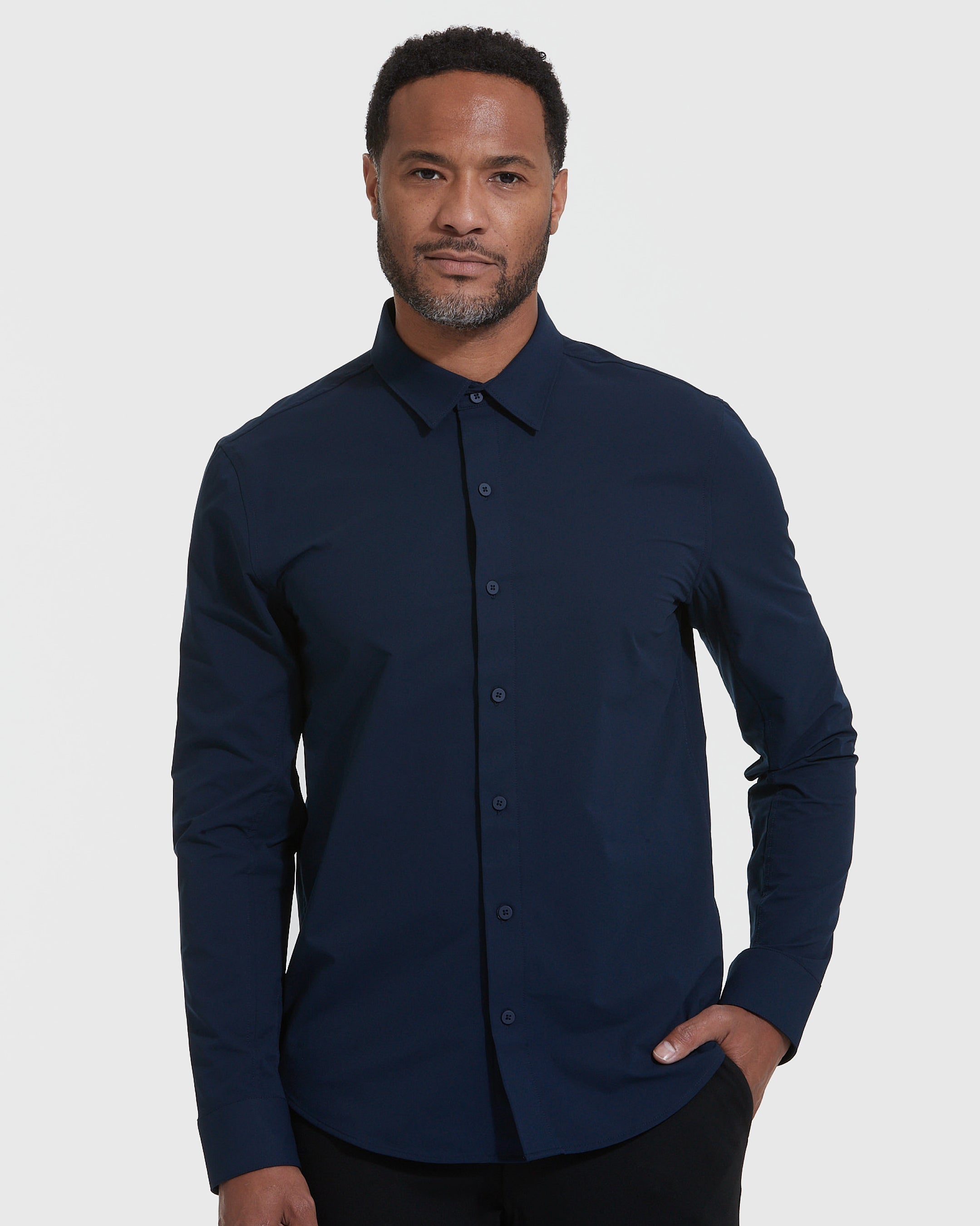 Navy Commuter Long Sleeve Shirt-VibeCloset