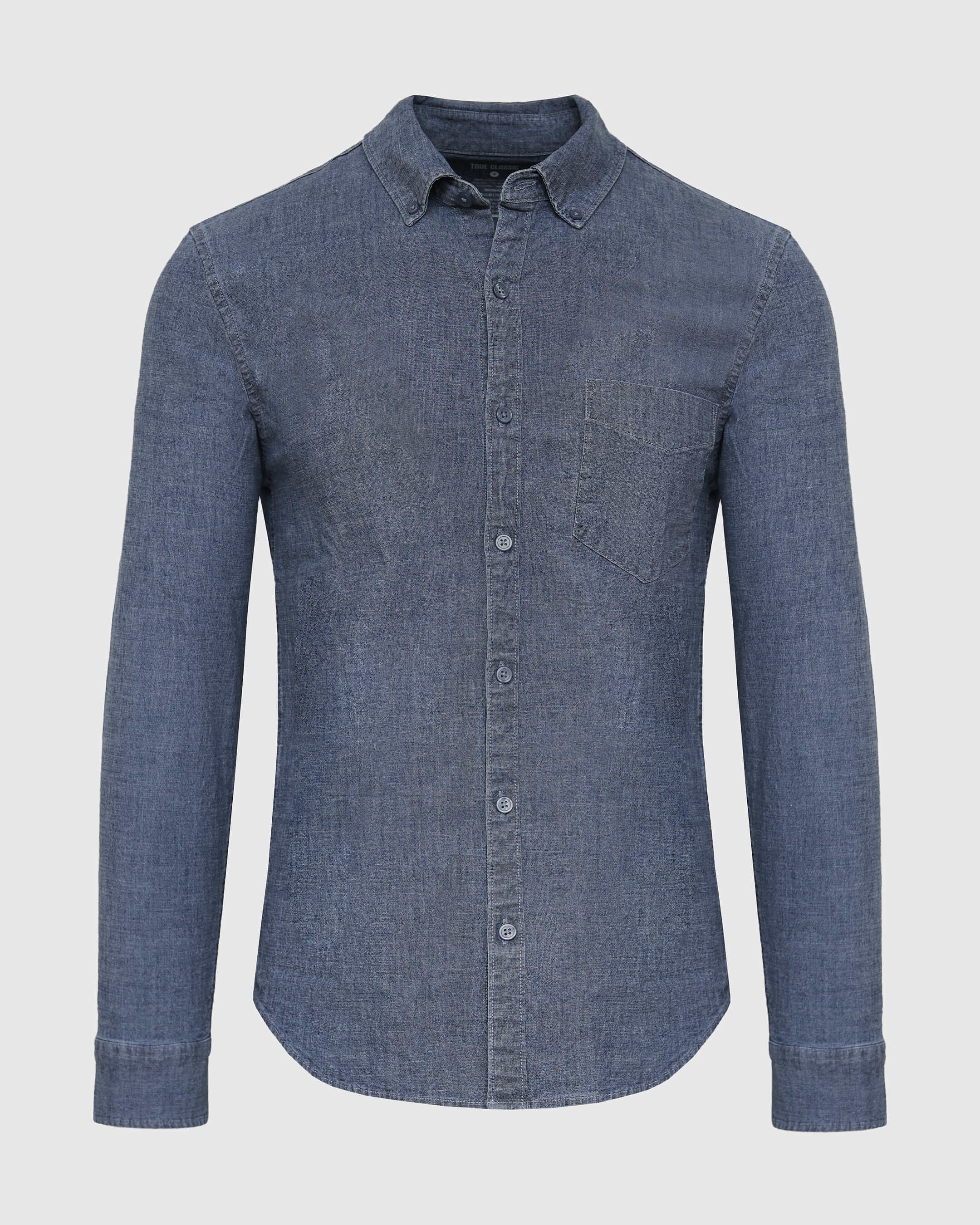 Medium Indigo Wash Long Sleeve Chambray Shirt-VibeCloset