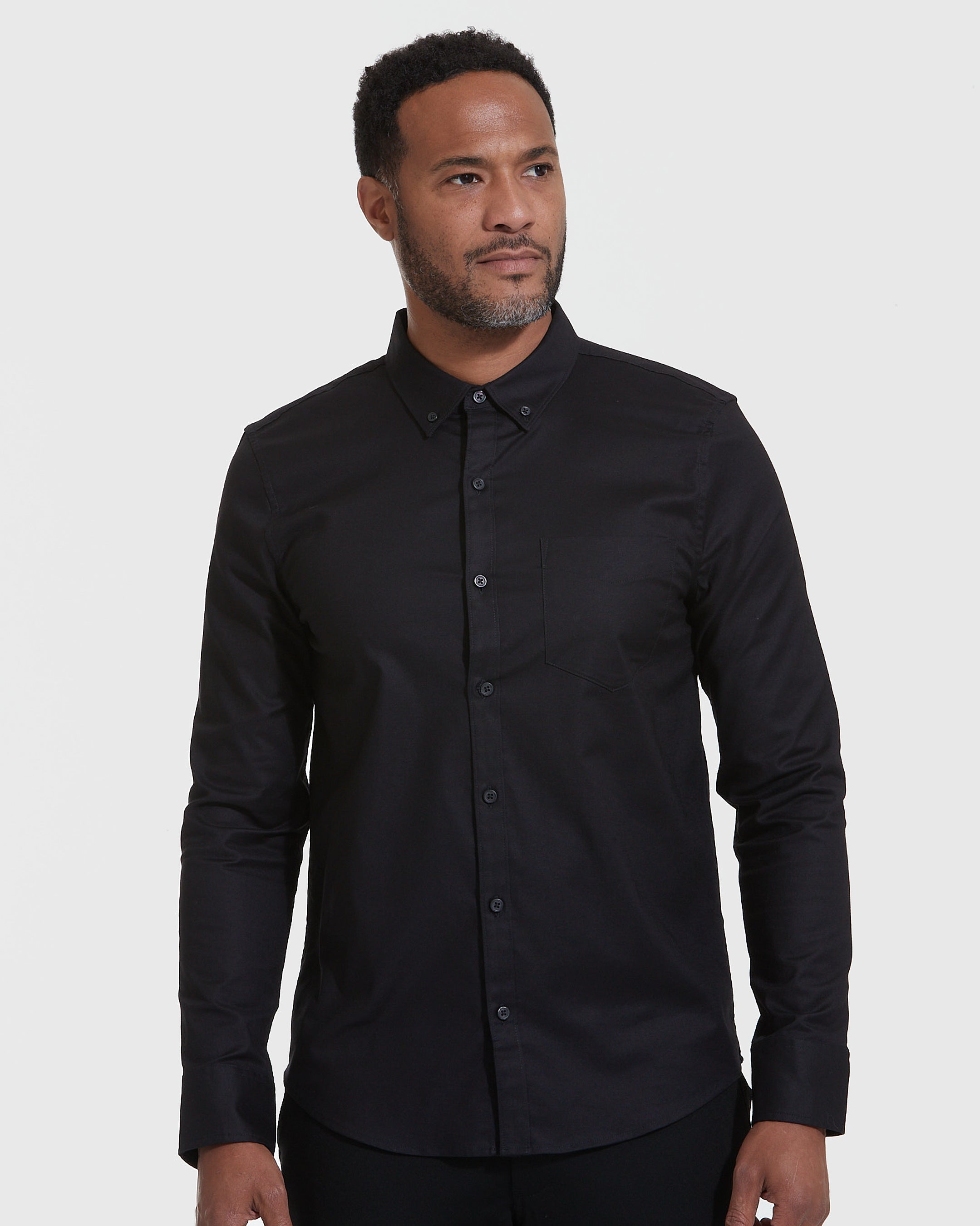 Black Stretch Oxford Long Sleeve Shirt-VibeCloset