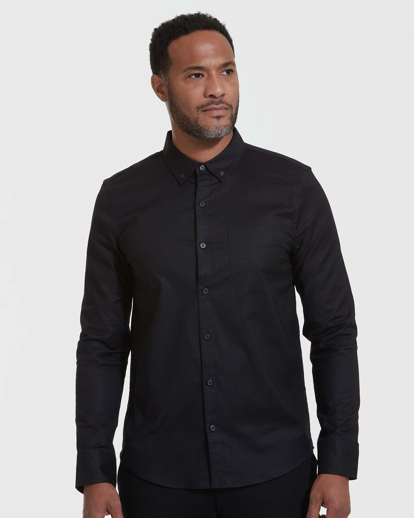 Black Stretch Oxford Long Sleeve Shirt-VibeCloset