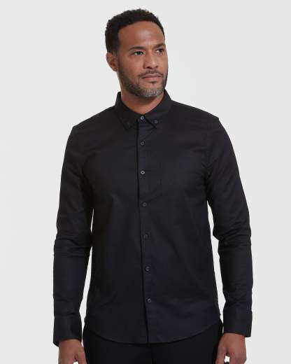 Black Stretch Oxford Long Sleeve Shirt-VibeCloset