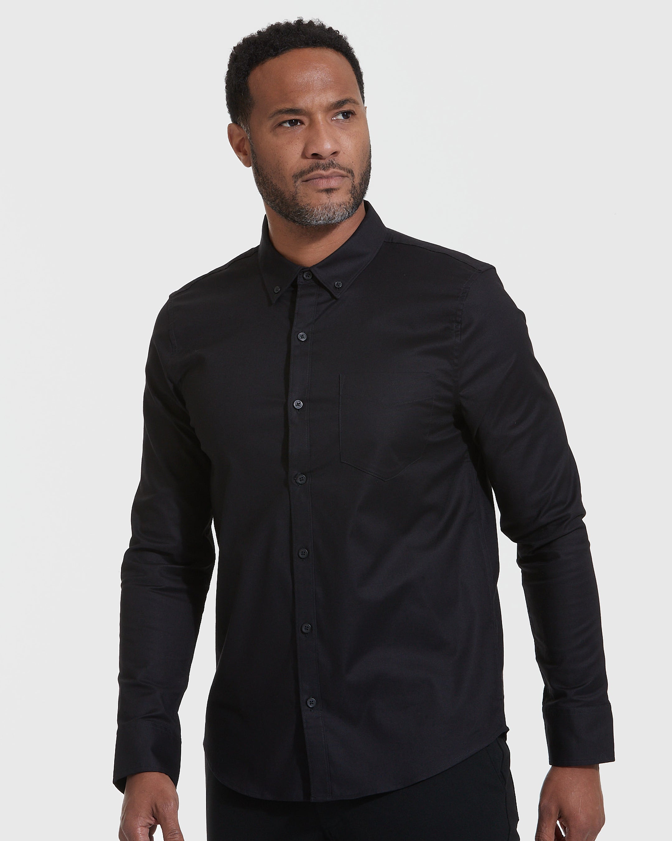 Black Stretch Oxford Long Sleeve Shirt-VibeCloset