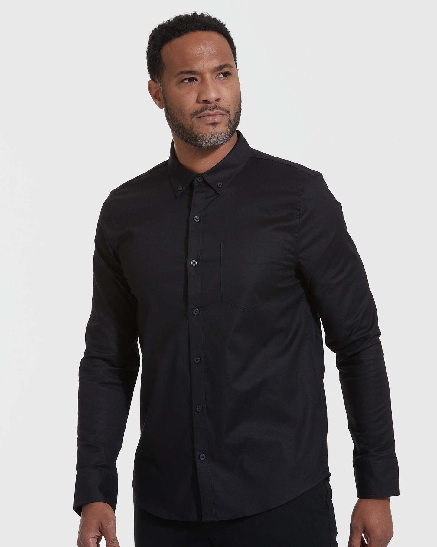 Black Stretch Oxford Long Sleeve Shirt-VibeCloset