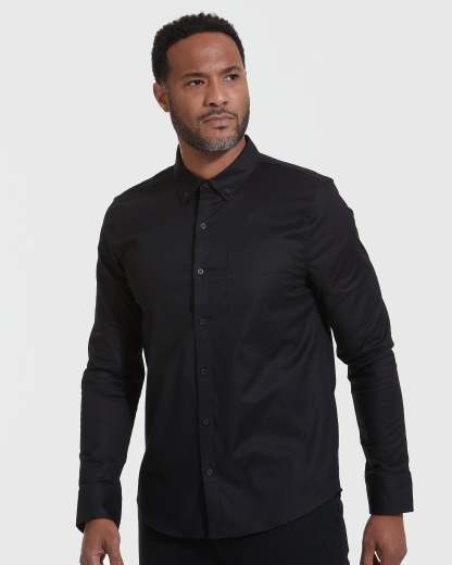 Black Stretch Oxford Long Sleeve Shirt-VibeCloset