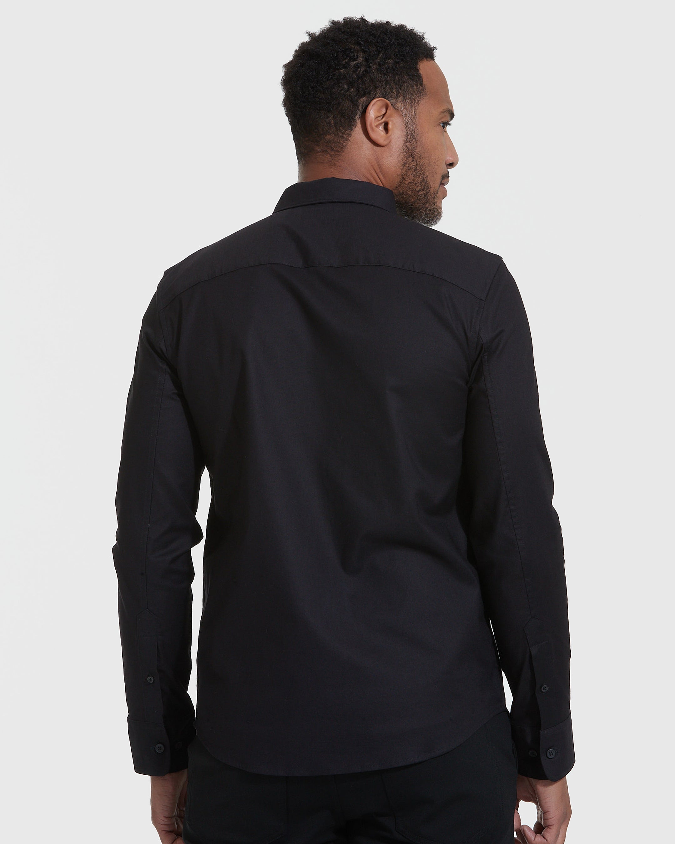 Black Stretch Oxford Long Sleeve Shirt-VibeCloset