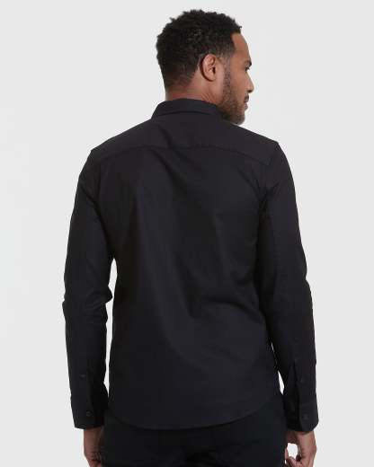 Black Stretch Oxford Long Sleeve Shirt-VibeCloset