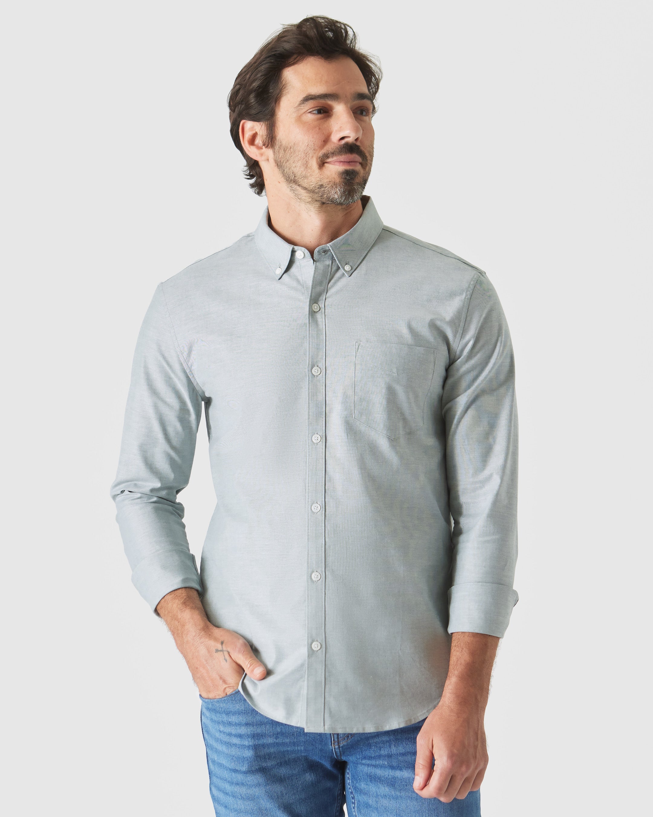 Moss Stretch Oxford Long Sleeve Shirt-VibeCloset
