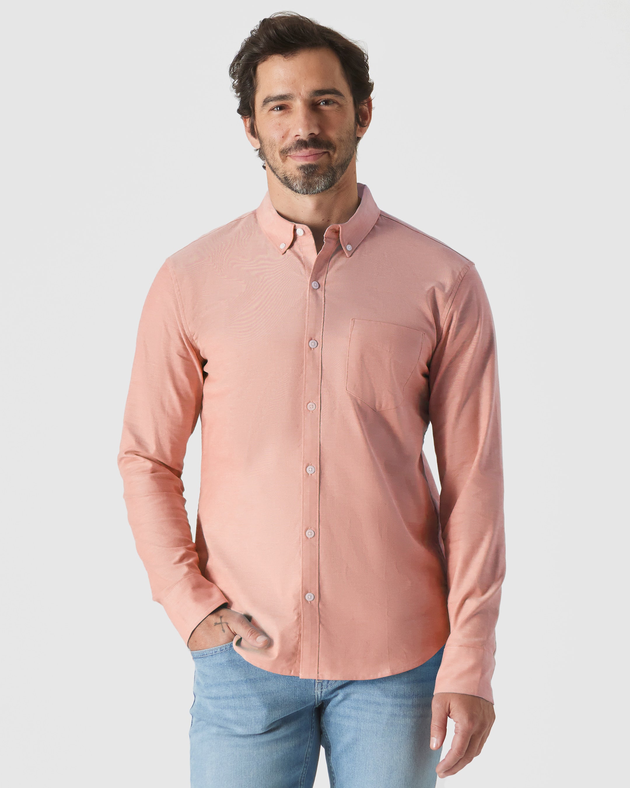 Peach Stretch Oxford Long Sleeve Shirt-VibeCloset