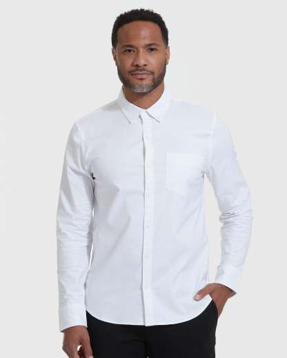 White Stretch Oxford Long Sleeve Shirt-VibeCloset