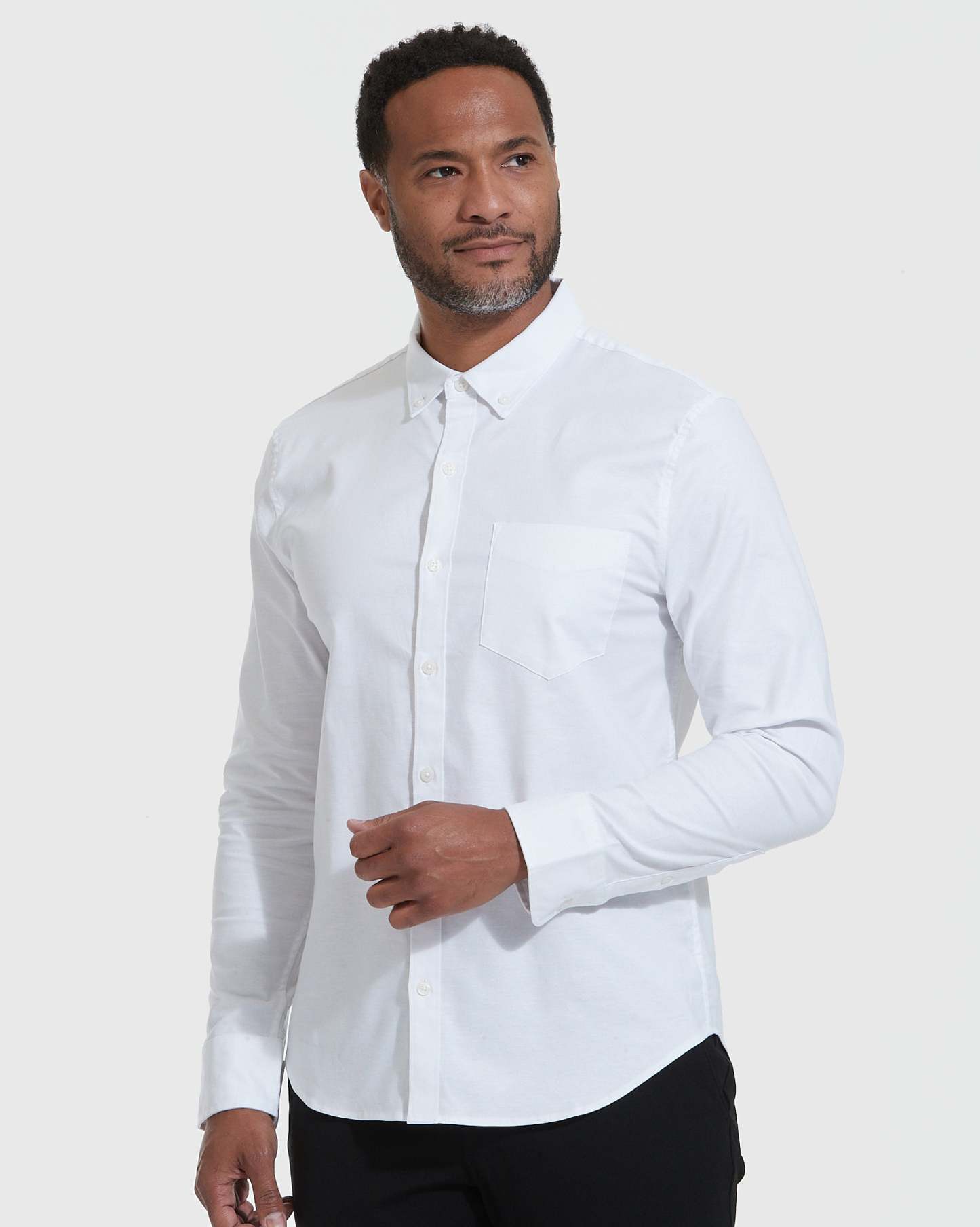 White Stretch Oxford Long Sleeve Shirt-VibeCloset